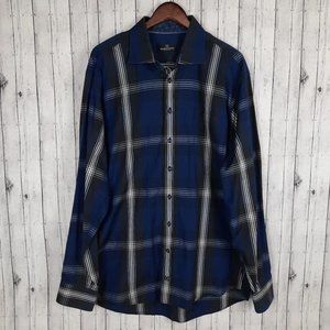 Bugatchi Uomo Button Shirt Men's XXL 2XL Blue Plaid Flip Cuff 100% Cotton